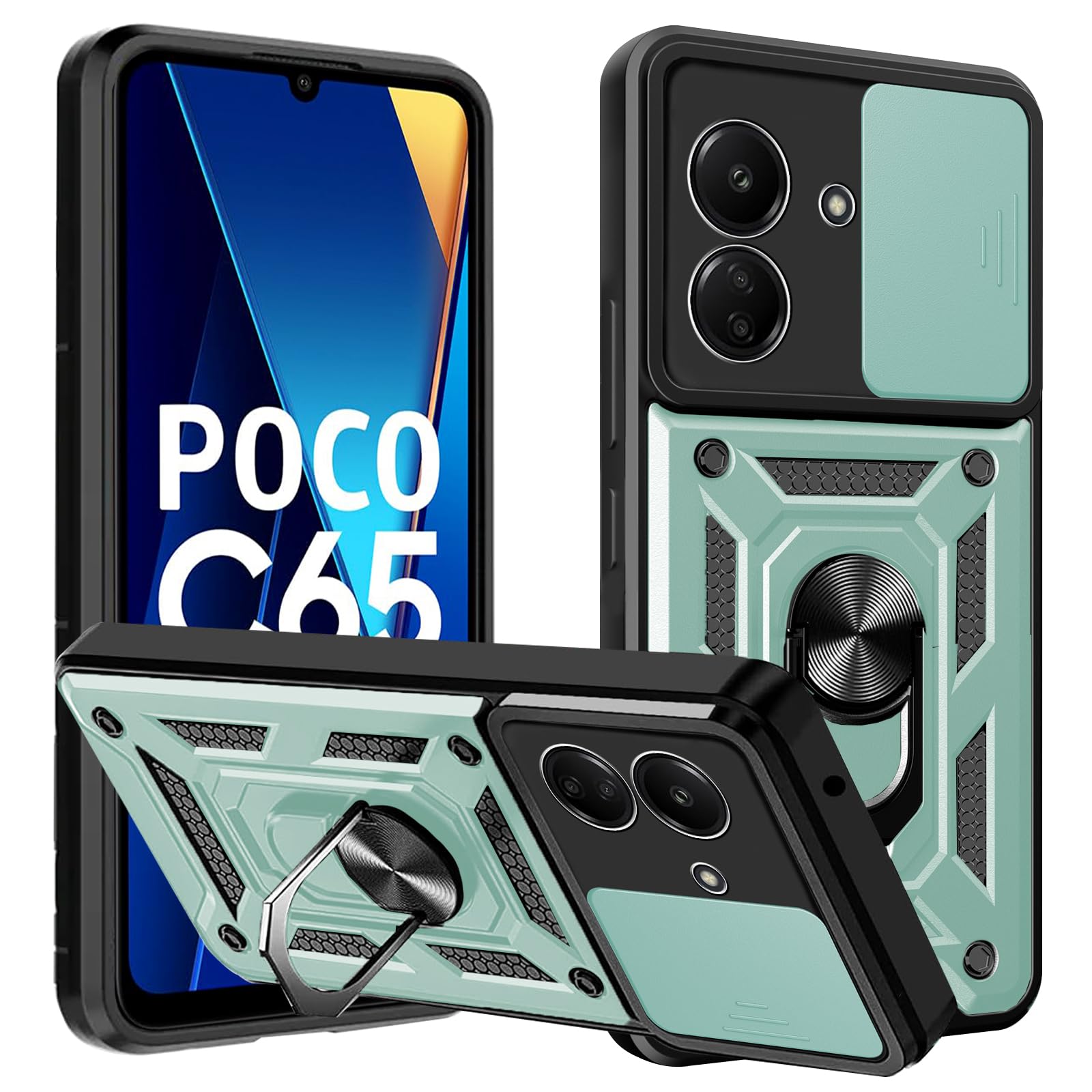 KZIOACSH Case for POCO C65/Redmi 13C 4G, [360 Rotaring Kickstand][Slide Camera Cover] Hybrid Soft TPU Frame+ Hard PC Back Case Military Grade Anti-Scratch Shockproof Rugged Bumper Phone Cover,Green