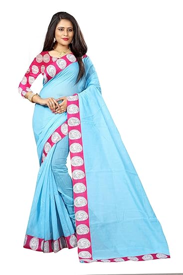 RAJESHWAR FASHION WITH RF Womens Chanderi Cotton Saree With Unstitched Blouse Piece (MANGO PINK BORDER SKY BLUE,1_Blue)