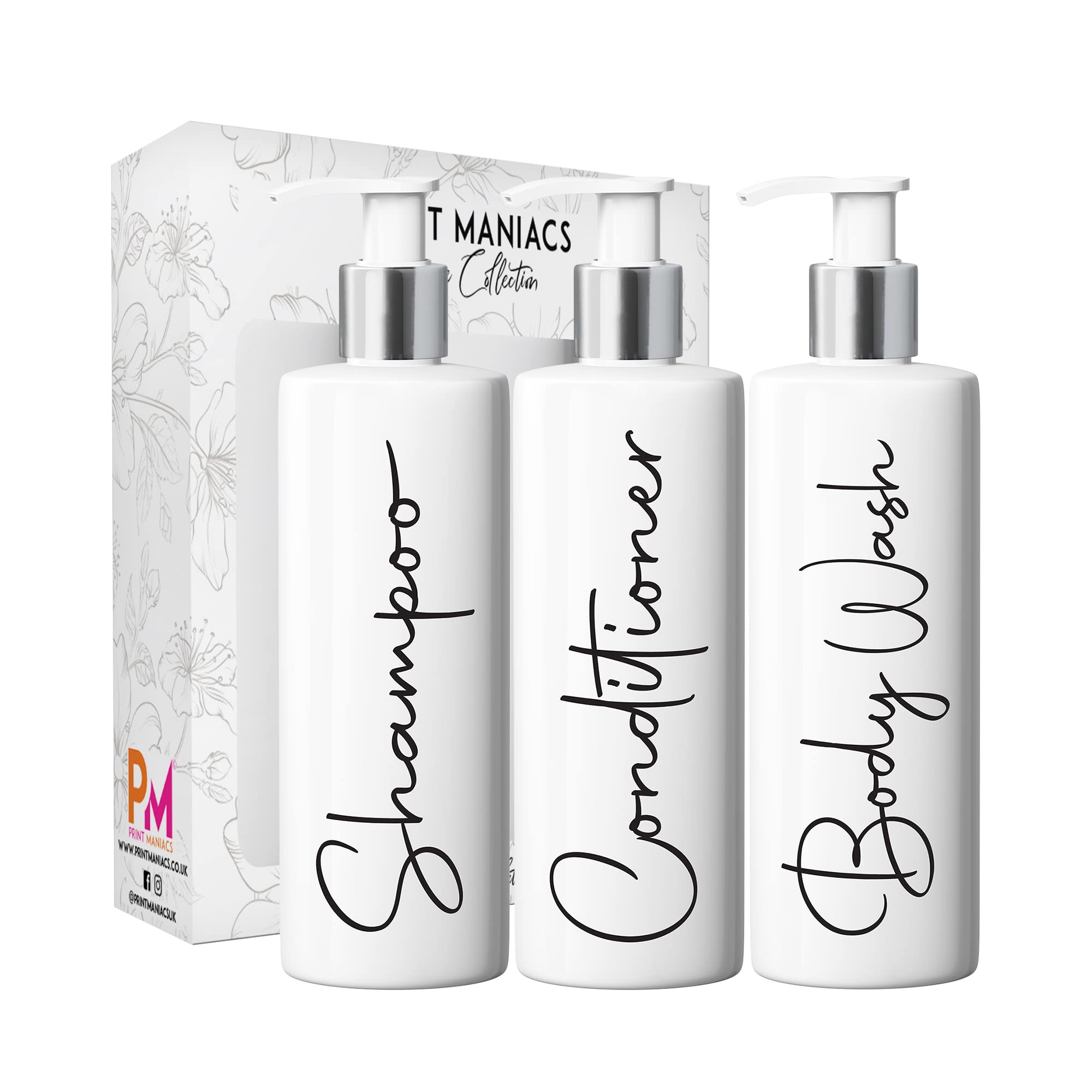 Print Maniacs White Mrs Hinch Inspired Personalised 500ml Pump Bottles Bathroom Lotion Kitchen Set Shampoo Conditioner ( 3 Set, F2 ) (Black)