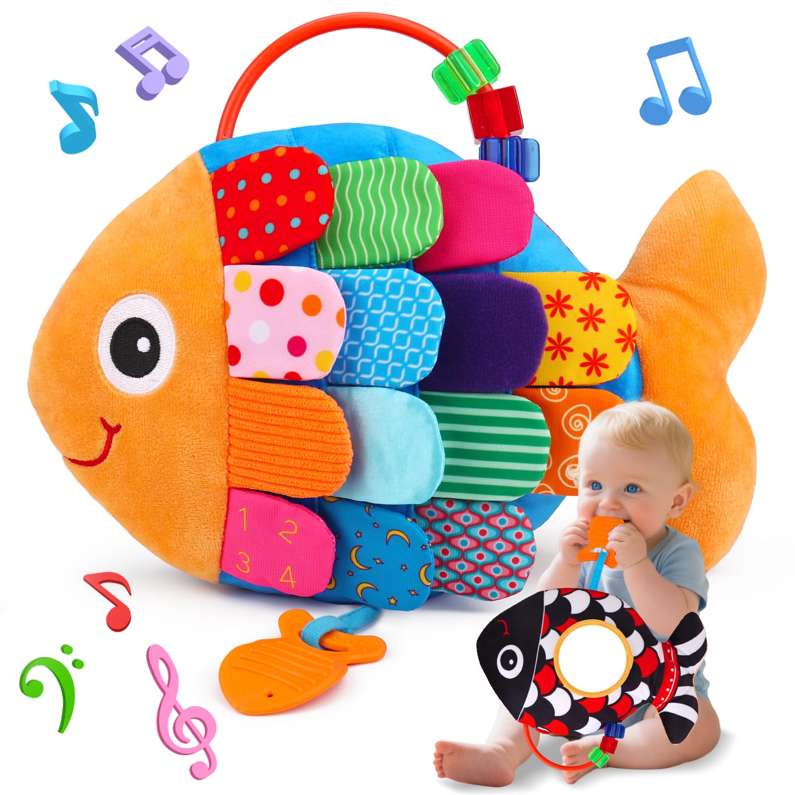 Baby Sensory 0-3 0-6 Toys Months, 2 in 1 Baby Music Fish Tummy Time Toy & High Contrast Black and White Toy, Babies Newborn Toys 0 3 6 Months with Mirror Crinkle Rattle, Infant Shower Gifts