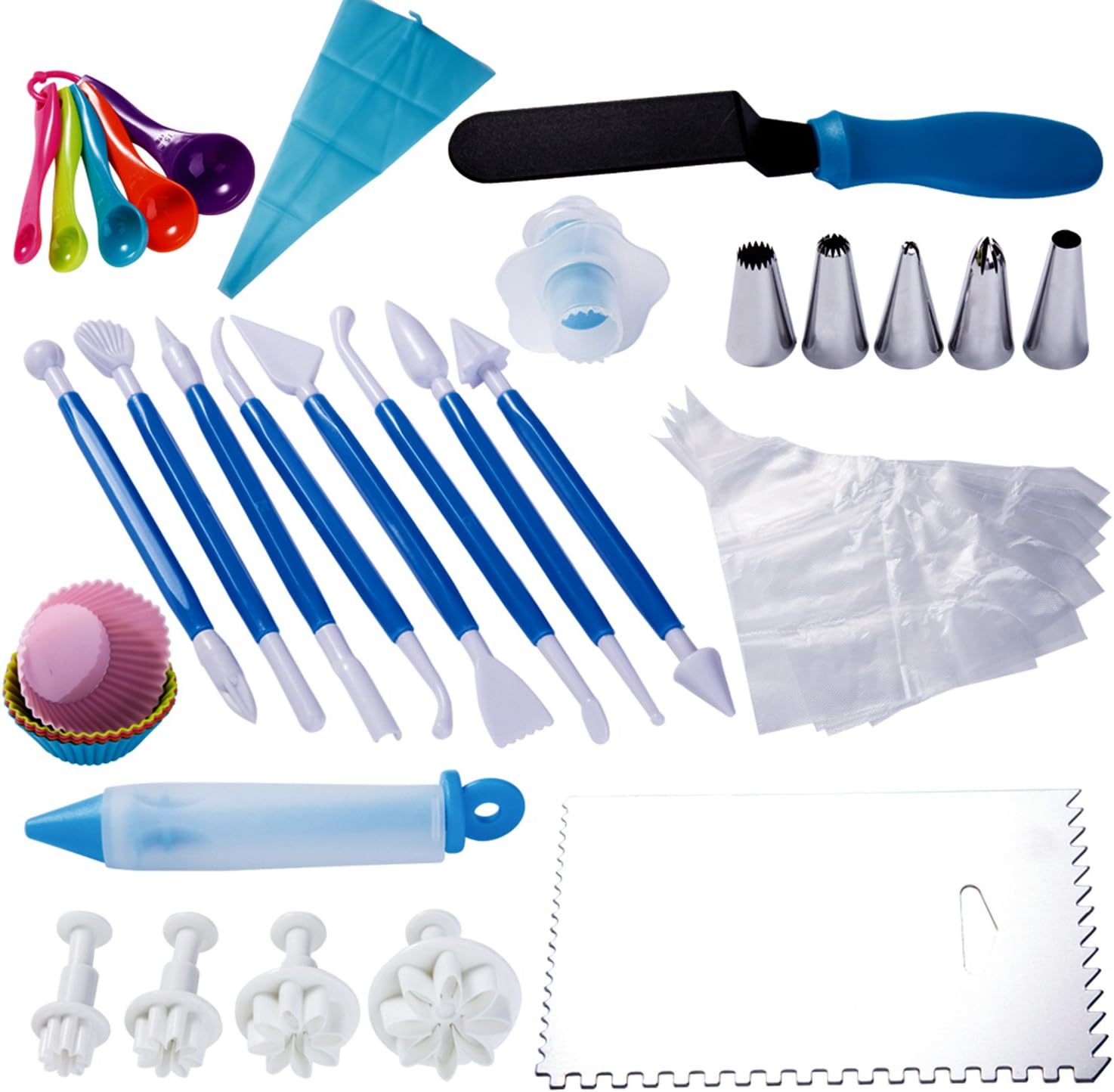 Miss Adams 42 Pieces Cake Decor Set with 8 Fondant Tools (16 Shapes), 5 Stainless Steel Piping Tips, 5 Cupcake Molds, 5 Measuring Spoons, 4 Cake Cutters, 1 Pastry Pen, 1 Silicone Bag, 1 Cake Spatula, 1 Cupcake Corer, 1 Stainless Steel Scraper, and 10 Disposable Icing Bags