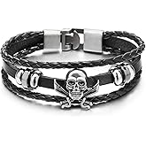 COOLSTEELANDBEYOND Mens Women Sword Pirate Skull Braided Leather Bracelet Multi-Strand Leather Wristband Bracelet