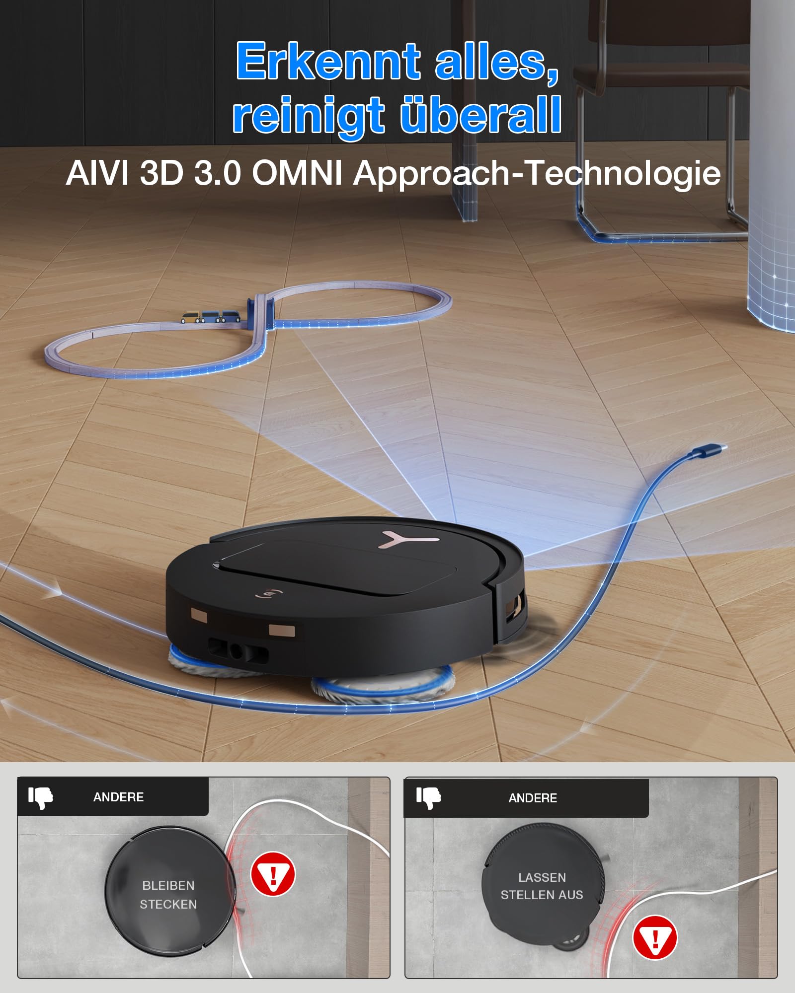 ECOVACS DEEBOT T50 PRO Omni Gen3 Saugroboter mit Wischfunktion, 25.000 Pa, AIVI 3D 3.0, autom. Zugabe v. Reinigungslösung, Reinigung des Mopps bei 75°C, Heißlufttrocknung, 81 mm, Glanzschwarz 7