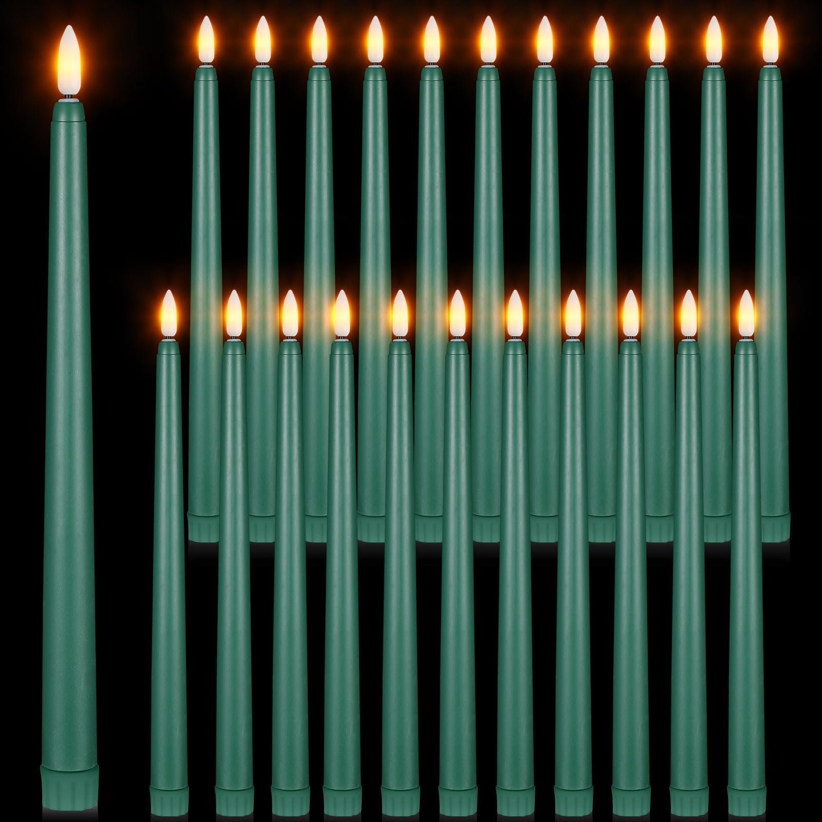 Photo 1 of Macarrie 24 Packs Flameless Taper Candles Battery Operated Fake 11 Inch Long Candle Light LED Flameless Candlesticks Flickering Tapered for Wedding, Halloween, Christmas(Green)