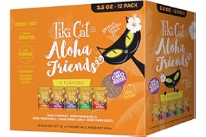 TIKI PETS Tiki Cat Aloha Friends Variety Pack, Meaty Flavors Mixed with Pumpkin, Wet, High-Protein & High-Moisture Cat Food, For All Life Stages, 2.5 oz. Pouch (Pack of 12)