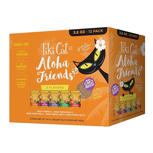 TIKI CAT ALOHA FRIENDS VARIETY PACK, MEATY FLAVORS MIXED WITH PUMPKIN, WET, HIGH-PROTEIN & HIGH-MOISTURE CAT FOOD, FOR ALL LIFE STAGES, 2.5 OZ. POUCH (PACK OF 12)