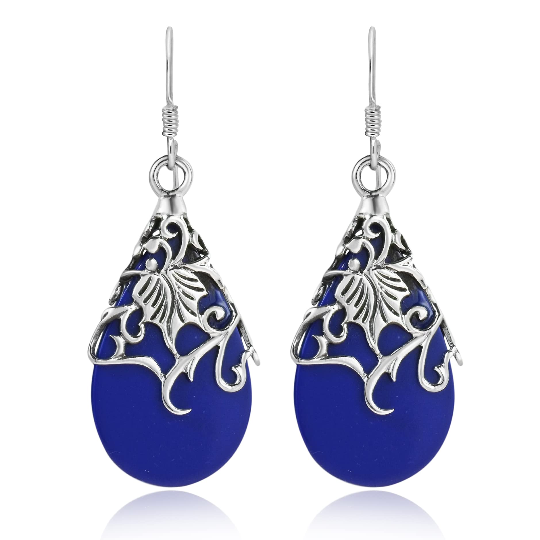 Floral Vine Ornate Teardrop Simulated Blue Lapis-Lazuli .925 Sterling Silver Dangle Earrings