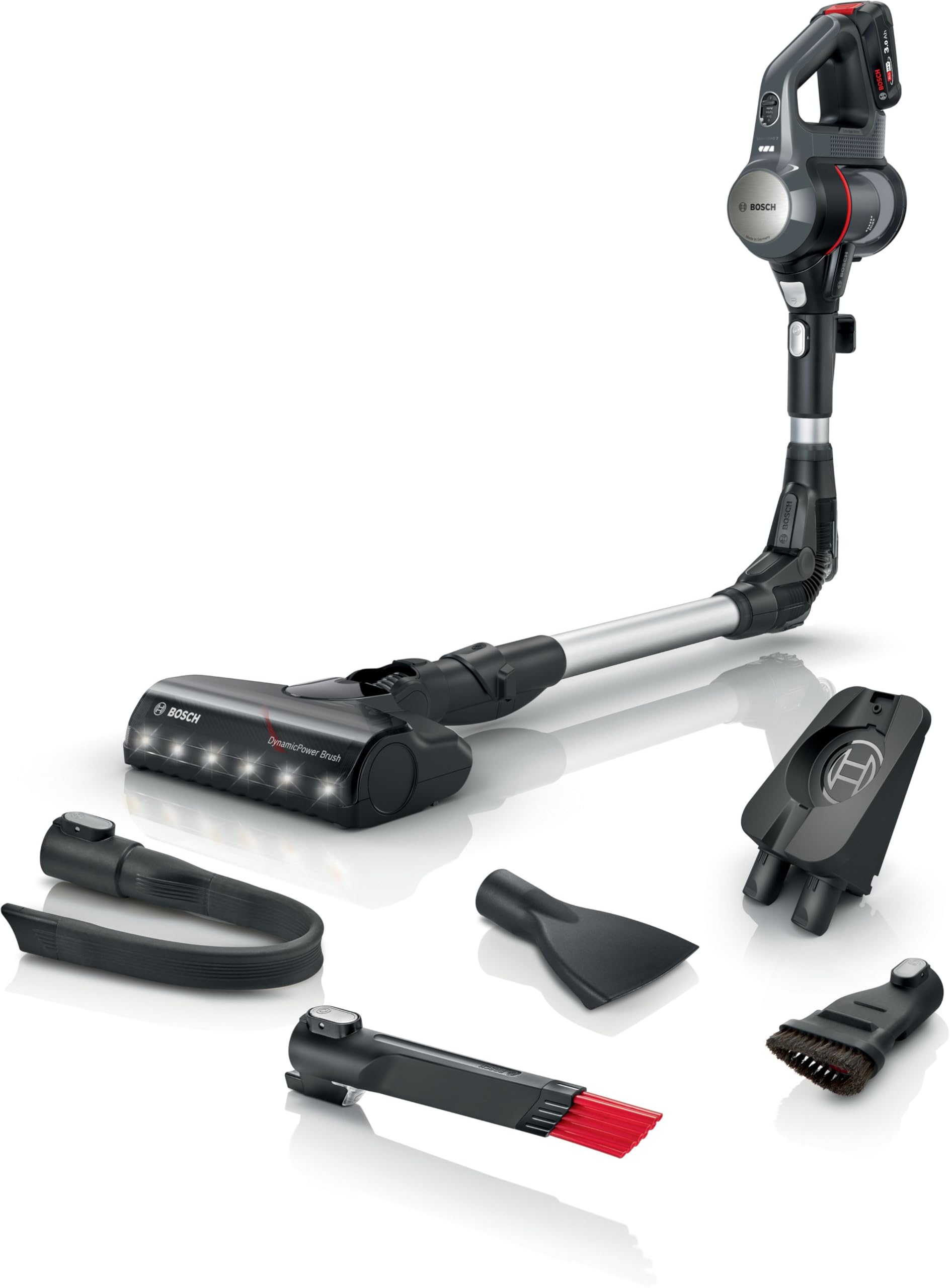 Bosch Unlimited Serie 7, Scopa Elettrica Senza Fili, Batteria Ricaricabile 3,0 Ah, Flex Tube, Aspirapolvere Portatile dal Design Leggero, Accessori, Luci LED, Grigio Scuro, BCS711A