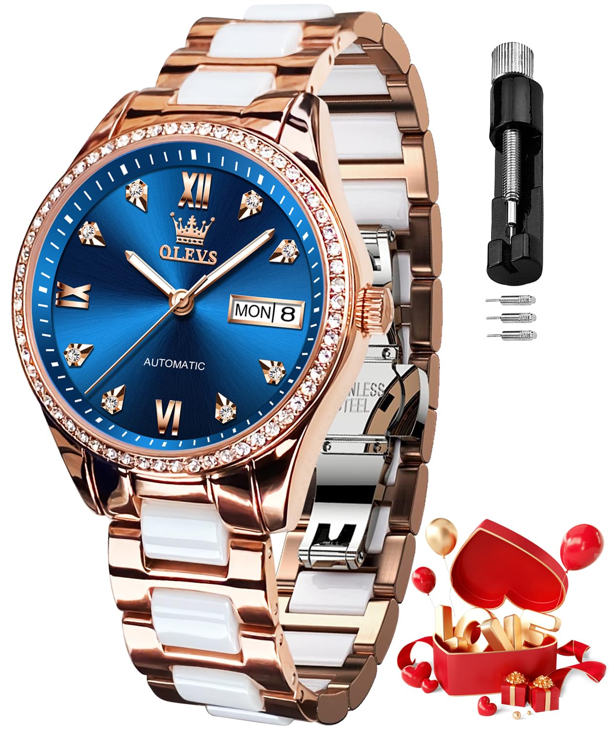 OLEVS Automatic Watch for Women Self Winding Ladies Diamond Wrist Watch Luxury Dress Rose Gold Ceramic Watch for Women Love Heart Date