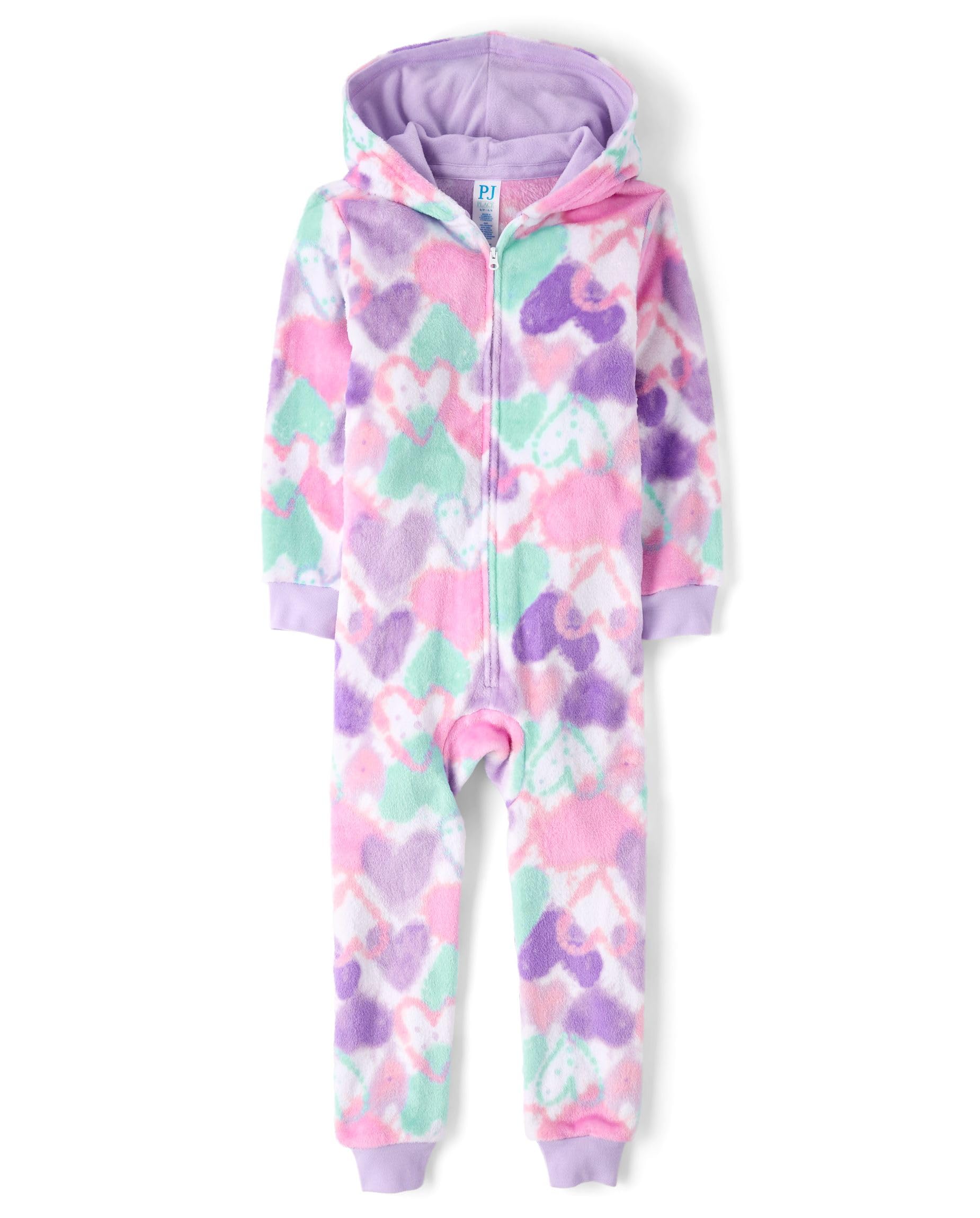 The Children's Place,Girls,Long Sleeve Fleece Hooded Zip Front One Piece Pajamas,White Hearts,Medium Image