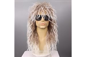 Wallden Hair 80s Rocker Wigs for Men and Women Mullet Wig Long Curly Hair Wig Kiss Wig Perfect for Halloween, Cosplay, DIY Themed Costume Party (Brown with White + Sunglasses)