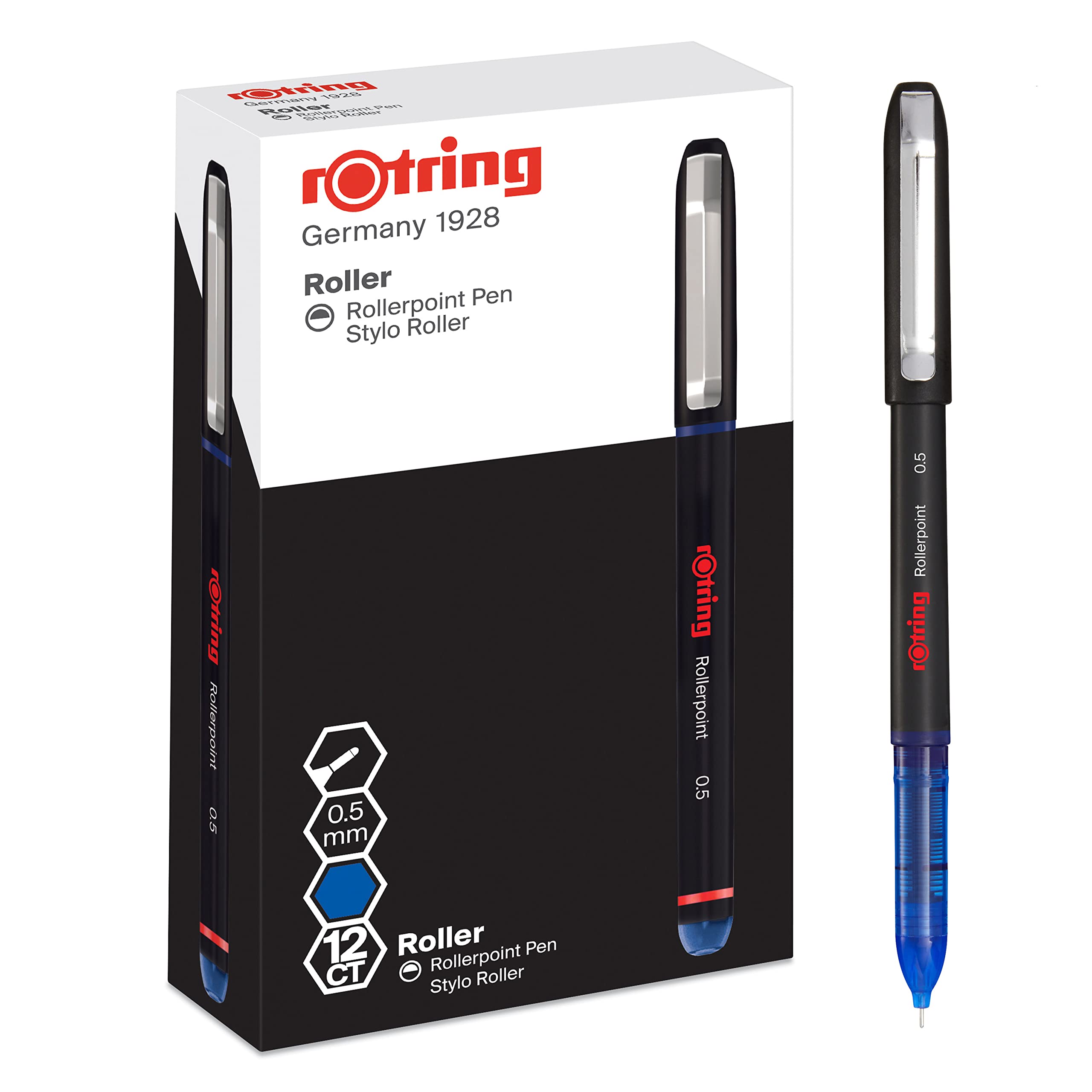 rOtring Rollerball Pen | Needle Point (0.5 mm) Rollerpoint for Precise Writing | Blue Ink | 12 Count