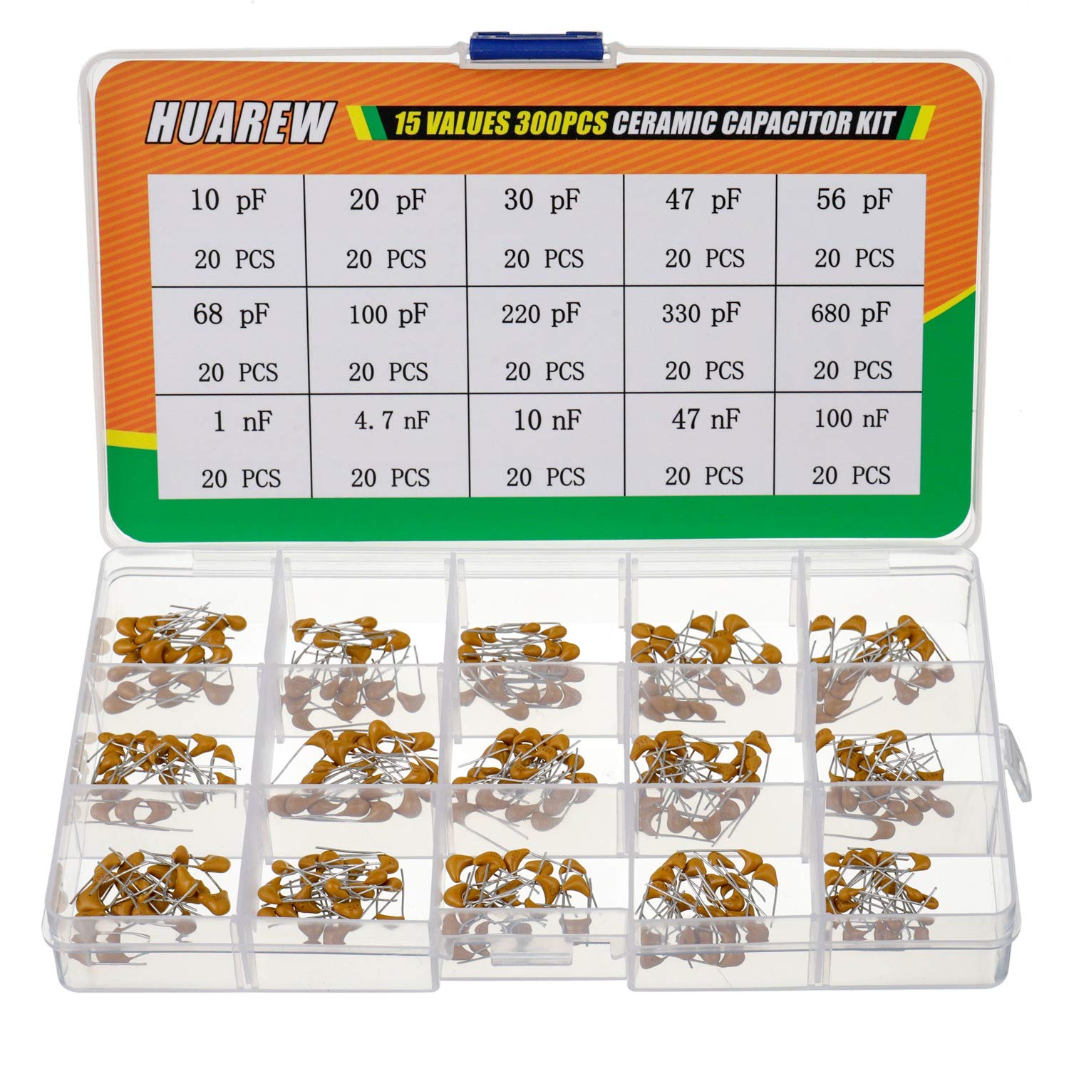 HUAREW 15 Values 300 Pcs Ceramic Capacitor 10~680 pF and 1~100 nF Assortment Kit