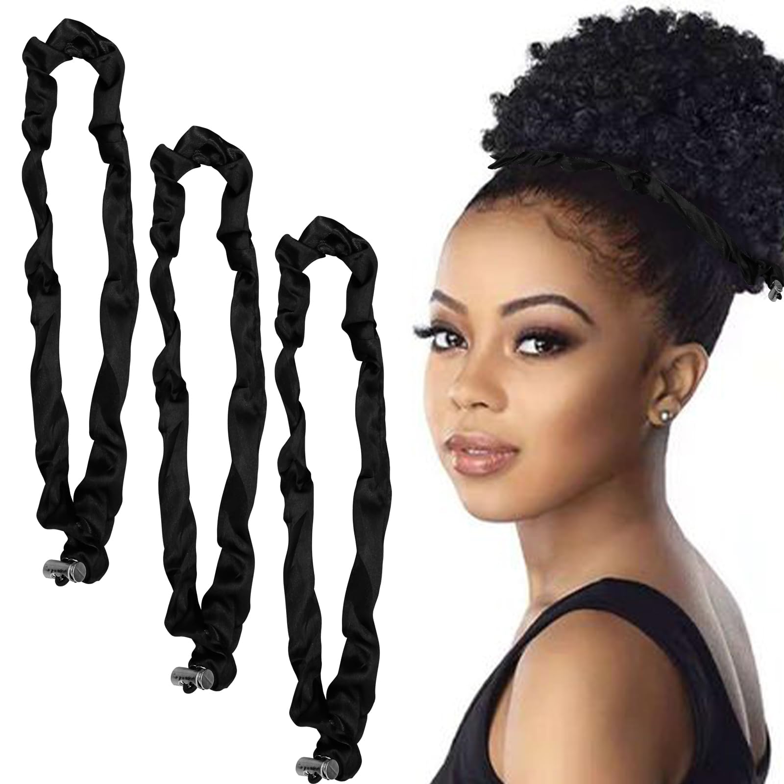 3Pcs Adjustable Hair Tie, Afro Puff Hair Tie Satin Hair Scrunchies, Long Style Black Hair Ties for Thick Curly Natural Hair, Anti Skid Headbands for Afro Puffs Ponytails Hair Bun Accessories Women