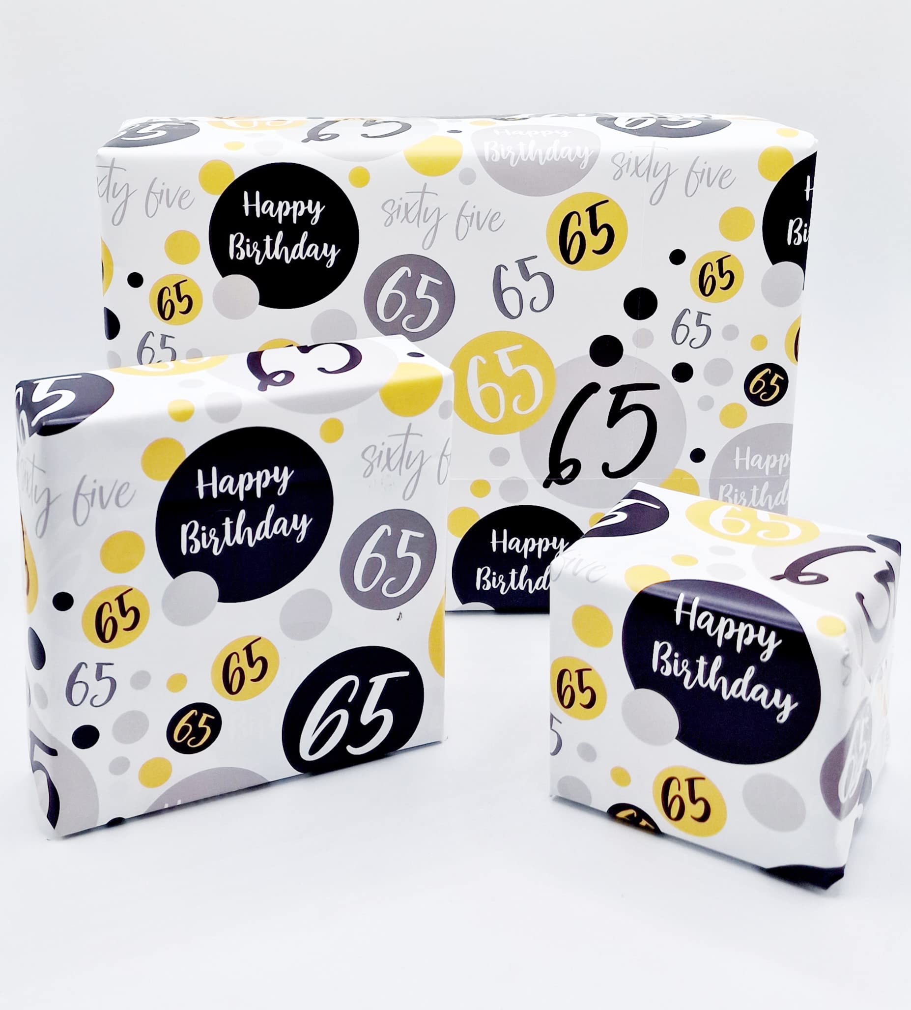 2 Sheets 2 Matching Gift Tags 65th Birthday Wrapping Paper Age 65 Birthday Black Gold Silver Giftwrap For Male and Female (PA)