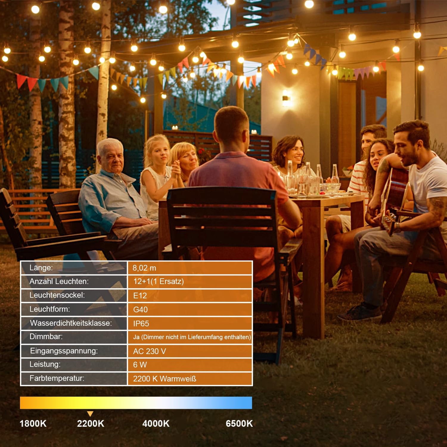 LED Lichterkette Außen 8m/27FT Lichterketten mit Stecker Outdoor Fairy Lights -13 G40 Birnen(1 Ersatzbirne), 2200K Warmweiß, IP65 Wasserdicht & Verlängerbar für Terrasse, Garten & Partys 6