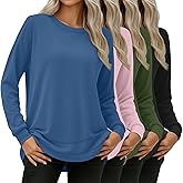 Oakgarden 4 Pack Women's Long Sleeve Sweatshirts, Crew Neck Cotton Tees Curved Hem Tunic Pullover Shirts Knit Loose Tops