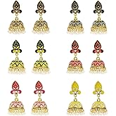 idealway 4-6 Pairs Indian Jhumka Jhumki Drop Dangle Earrings for Women Mexico Gypsy Enamel Earrings Ethnic Style Golden Ball Pendant Earrings Female