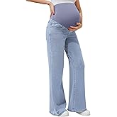 FABRACK Women's Maternity Wide Leg Jeans Bootcut Over The Belly Stretchy Flare Pregnancy Denim Pants with Pockets