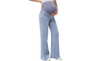 FABRACK Women's Maternity Wide Leg Jeans Bootcut Over The Belly Stretchy Flare Pregnancy Denim Pants with Pockets