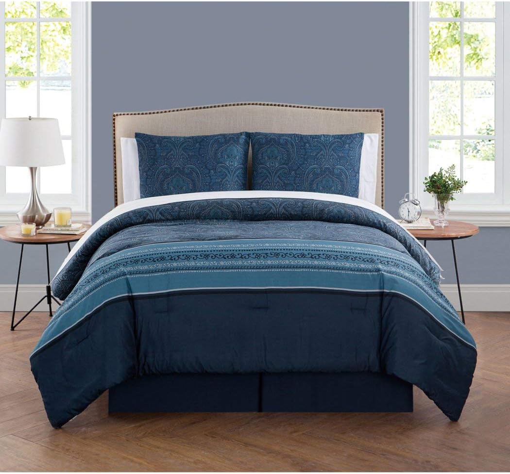 DP 8pc Navy Blue Damask Pattern Comforter King Set, Unisex, Elegant Luxury Rich
