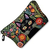 Livel lhood Black Cat Makeup Bag Mexican Folk Art Painting Small Organizer Zipper Pouch Floral Black Cat Kitten Print Cosmetic Bag Present for Women Friends