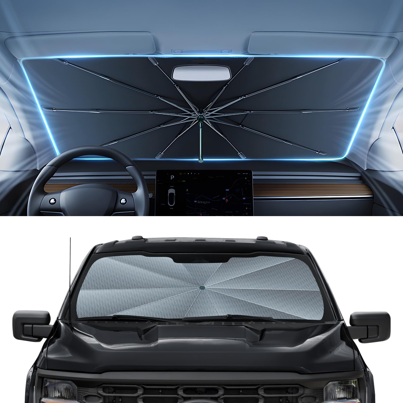 Photo 1 of Autorder Windshield Sun Shade Umbrella for 2021-2026 Ford F-150 F-250 F-350 Accessories,Upgraded Ice Crystal Material,Easy Setup Umbrella Sunshade for Car Windshield,100% Sun Blocking