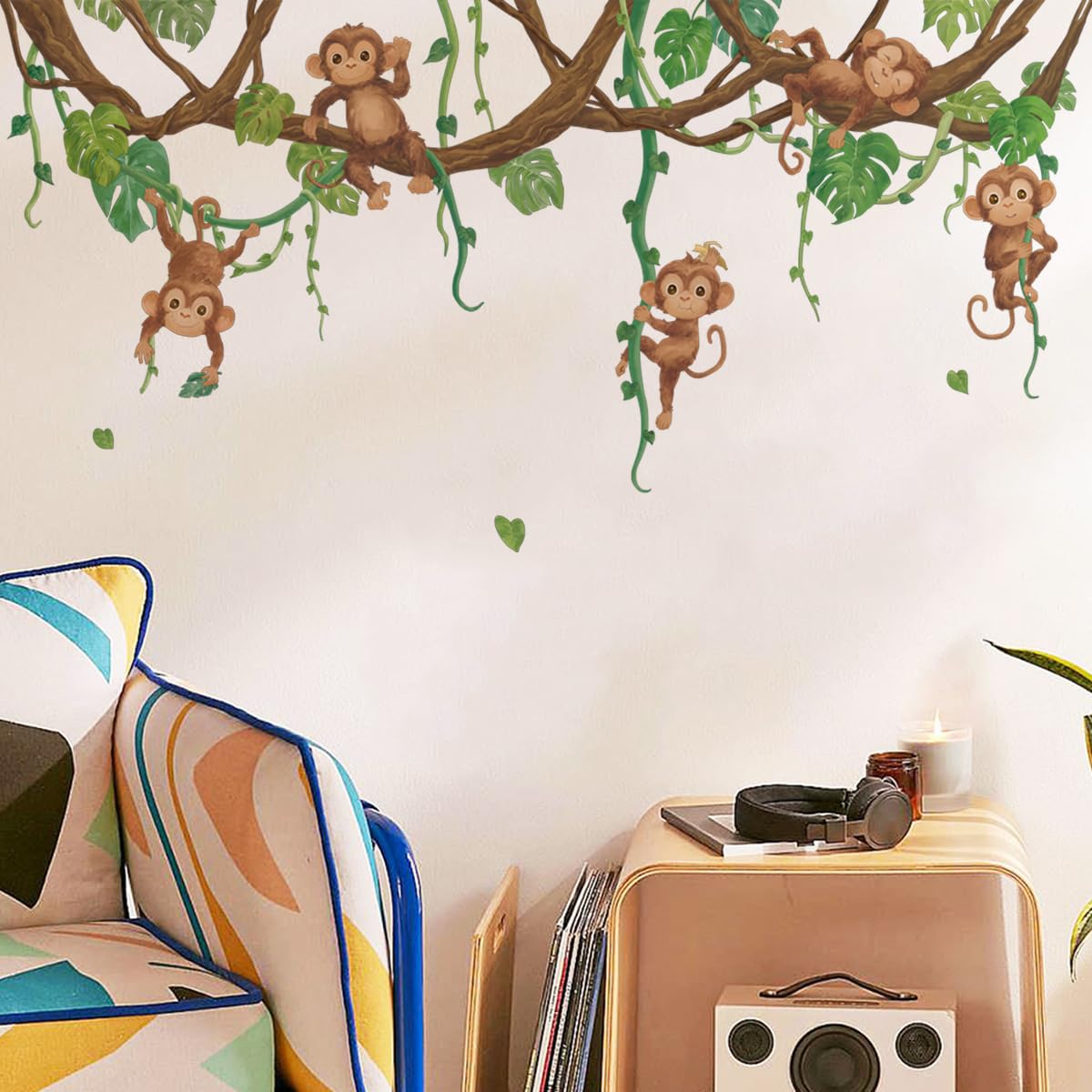 Runtoo Jungle Monkey Palm Leaf Wall Decals Safari Animals Tree Wall Stickers Kids Bedroom Baby Nursery Home Decor