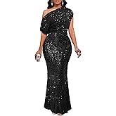 VERWIN Women's Sequin Maxi Dress Ruffle One Shoulder Bodycon Sparkly Mermaid Party Cocktail Gown