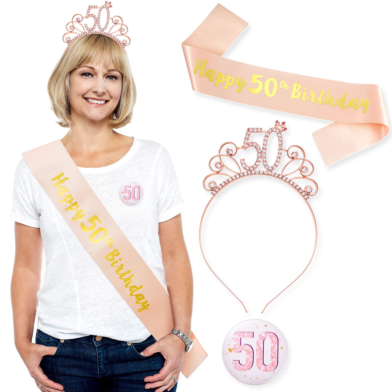 Chuangdi Rose Gold Happy 50th Birthday Sash and Tiara Rhinestone Crown Headband Badge for 50 Birthday Gift Party Accessories Girls Women