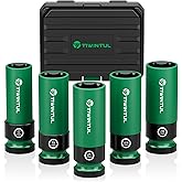 TIWINTUL 1/2" Wheel Protector Impact Socket Set, 5Pcs Non-Marring Lug Nut Socket Set, CR-MO Steel, 6-Point Thin Wall Deep Socket Set, Color-Coded Protective Sleeves- Metric 17 19 21 mm, SAE 13/16 7/8"