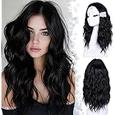 CURLCRAZY Short Wavy Wigs for Women Black Bob Wave Wig Natural Looking Synthetic Middle Part Lace Front Hair for Everyday Hairstyle 18Inch