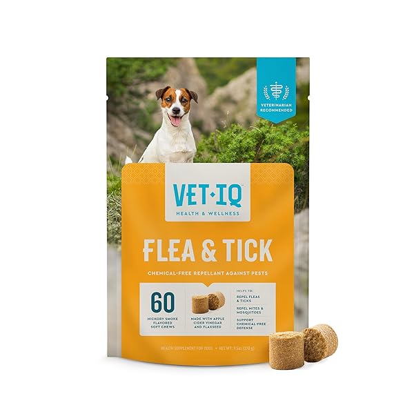 VETIQ FLEA & TICK SUPPORT FOR DOGS, FLEA AND TICK CHEWABLE, SUPPORTS DOG’S NATURAL FLEA DEFENSES, FREE OF ADDED CHEMICALS AND GARLIC, HICKORY SMOKE FLAVOR, 60 COUNT