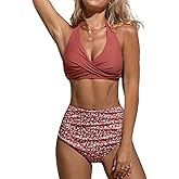 CUPSHE Women's Bikini Sets Two Piece Bathing Suit High Waisted V Neck Halter Front Twist Back Hook Textured