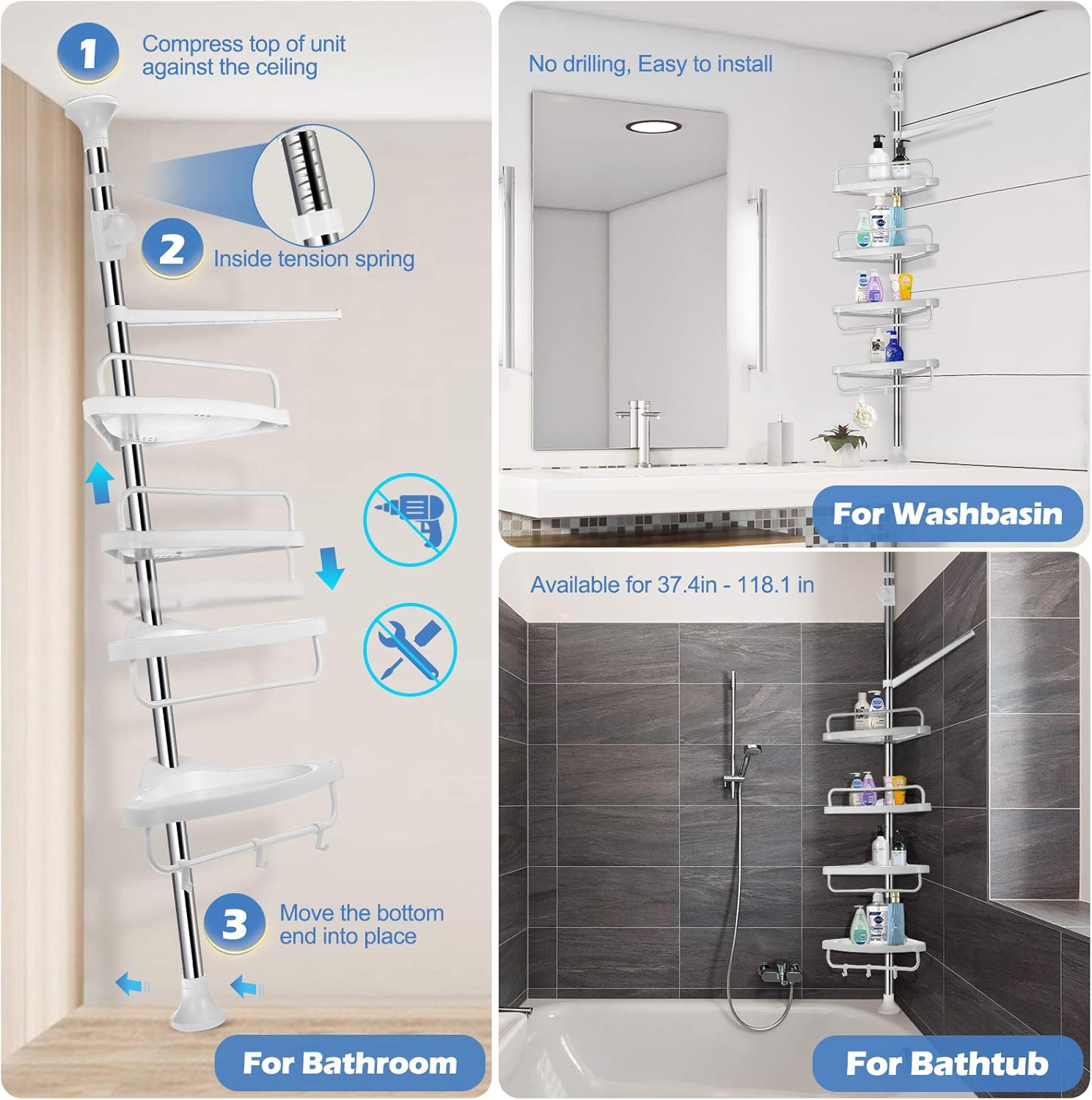 Homemaxs Corner Shower Caddy, 304 Stainless Steel Shower Caddy Tension Pole More Durable, 4-Tier Adjustable Bathroom Shelf with Upgrade Cone Non-Slip Silicone Mat Stable in Bathroom: Home Improvement
