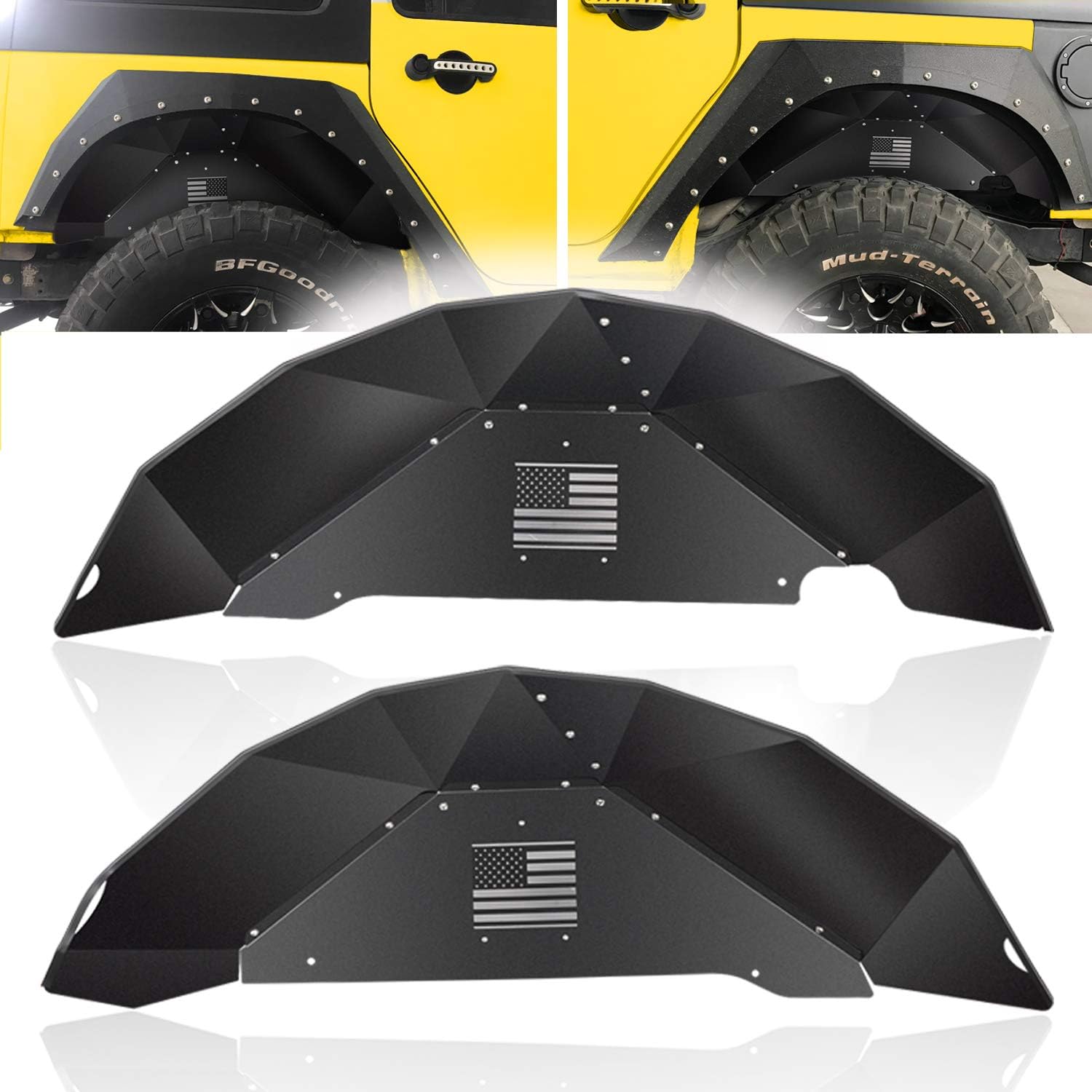 Rear Inner Fender Liners Flares for 2007-2018 Jeep Wrangler JK 4WD & 2WD Aluminum Lightweight Splash Guards(US Flag Style Black)