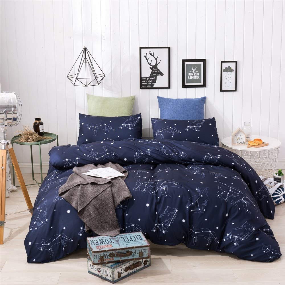 Loussiesd Kids Bedding Set Star Constellation Bedding Set Galaxy Universe Bedding &Linen for Boys Girls Adults,Polka Dot Geometric Bedclothes Animal Bedspread Cover,Navy Blue 3 Pcs King Bedroom Decor — image 1
