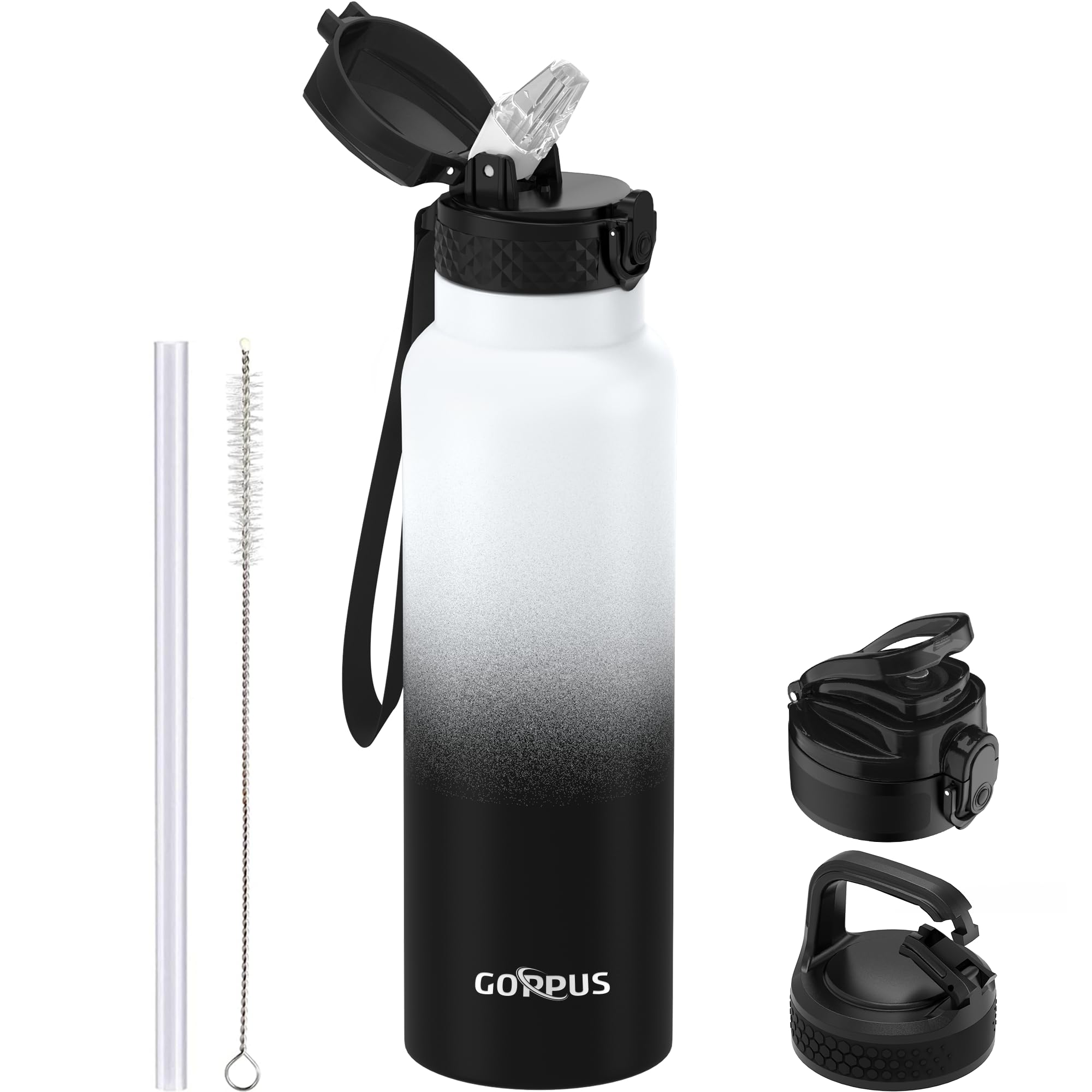 GOPPUS 750ml/26oz Stainless Water Bottle with Straw Double Wall Insulated Bottles with Strap Reusable Vacuum Thermal Flask Leakproof Keep Cold Drinks Bottles with Flip Top Lid for Men Women BPA Free