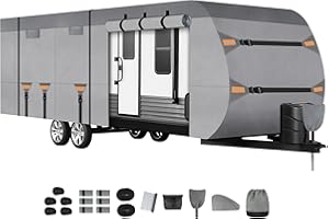 Kingfun Rv Cover Fits 24-27 Ft Travel Trailer Cover, Heavy Duty Camper Cover, with Windproof Straps, Gutter & Tongue Jack Covers, Utility Travel Trailer Cover for All Weather Protection