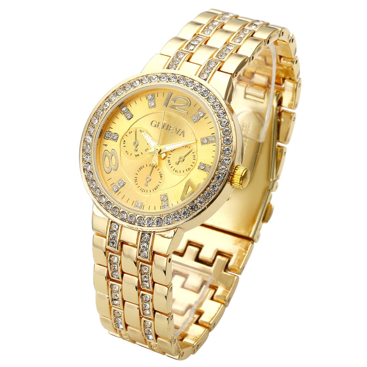 JSDDE Luxus Strass Femmes Montre-bracelet Acier Inoxydable Ajustable Faux Chronographe Quartz Analog Montre (Doré)