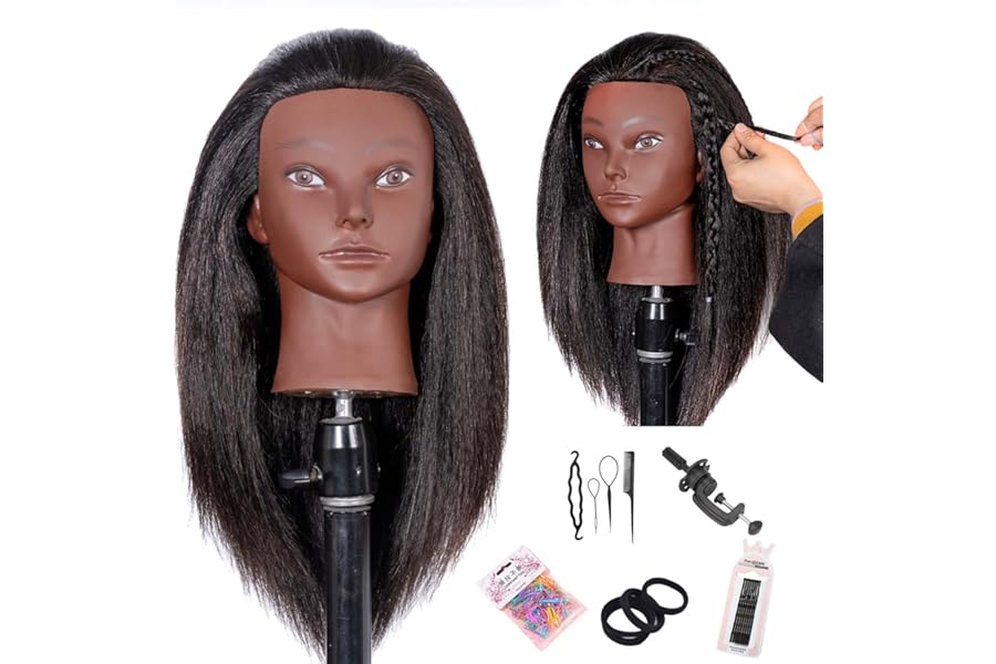 Depaajk Mannequin Head Human Hair, 16inch, with 100% Human Hair, Cosmetology Doll Head for Hairdresser Practice Braiding Hair Styling, with Table Clamp Stand and Tools