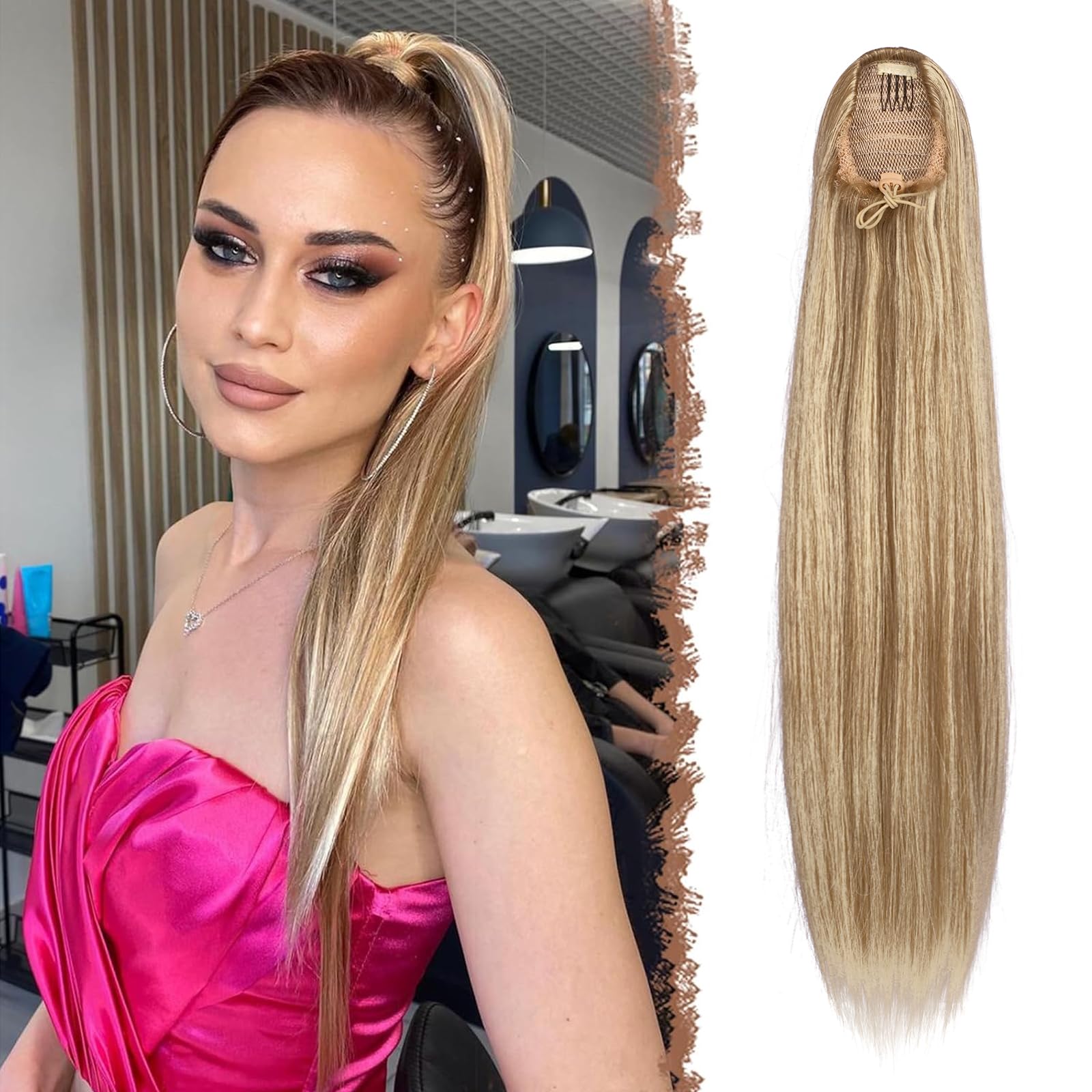 FESHFEN Straight Drawstring Ponytail Extension Natural Synthetic Long Pony Tails Hairpieces Clip in Ponytails Extensions for Women Girls, Mixed Blonde 24 inch โ image 1