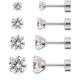 limerencia 4 Pairs G23 Hypoallergenic Flat Back Titanium Earrings Set for Women Men,20G 3-6mm Screw Back Cubic Zirconia Studs Cartilage Earrings for Sensitive Ears