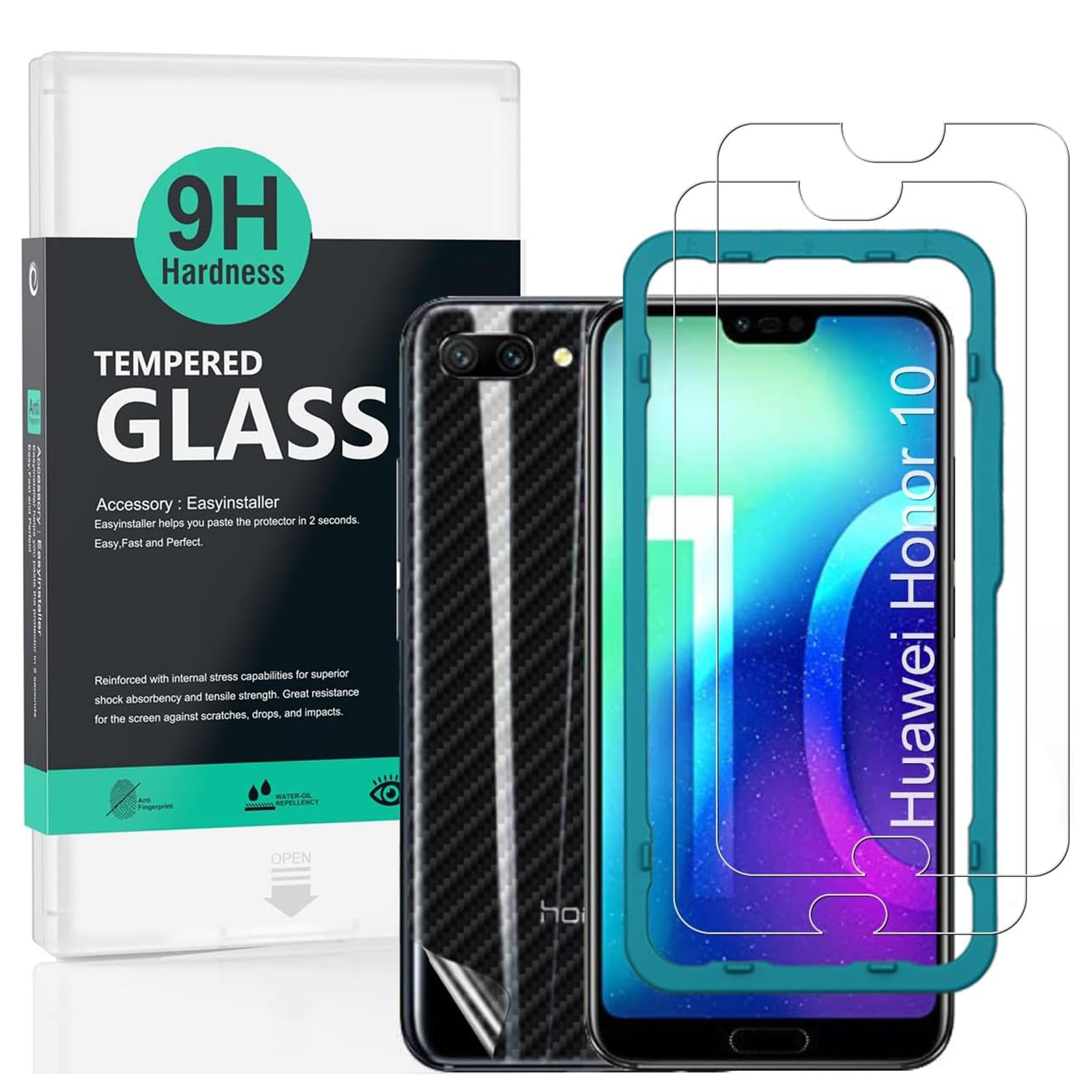 Ibywind Screen Protector (2 Pack) For Honor 10,9H Hardness Tempered Glass,With 1 Piece of Back Skin Protector,Easy to Install