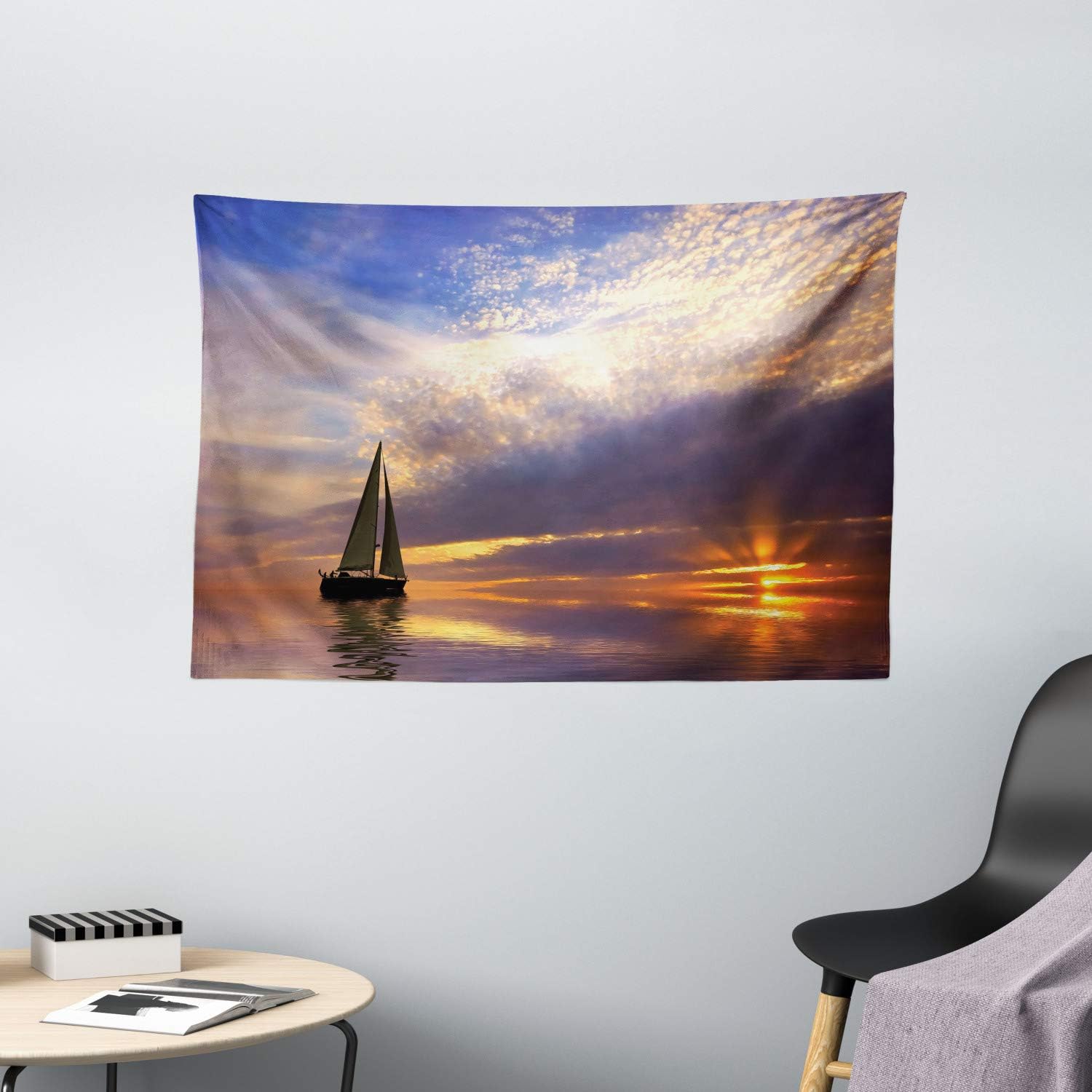 Ambesonne Sailboat Tapestry, Sailing with Sunset Sunbeams on The Horizon Romance Honeymoon Destination, Wide Wall Hanging for Bedroom Living Room Dorm, 60" X 40", Marigold Bluegrey