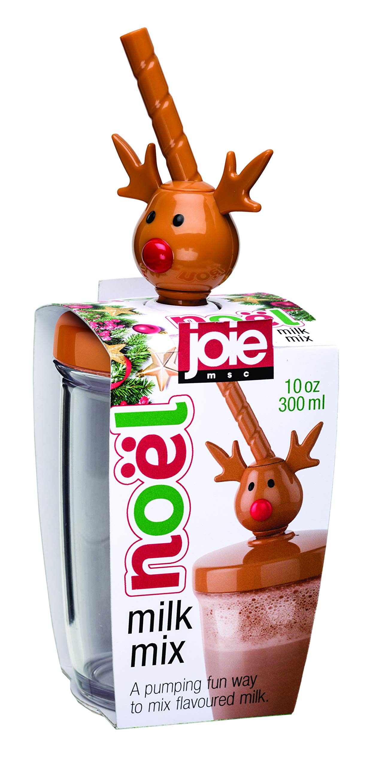 Joie Christmas Reindeer Milk Mixer, 300ml Plastic Milkshake and Flavored Milk Stirrer with Straw, Holiday Kitchen Gadget