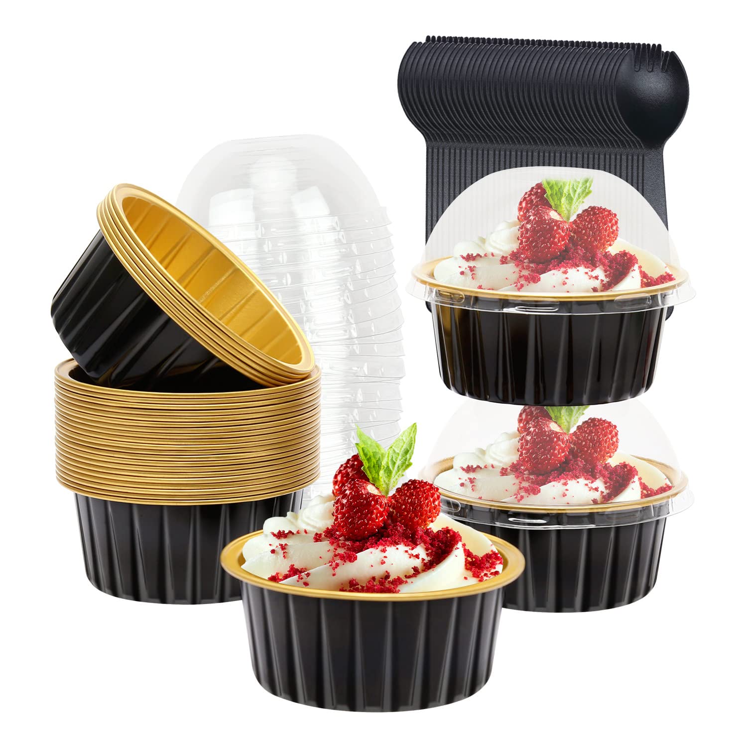 Photo 1 of 5oz Foil Ramekins with Lids 50 Pack,Free-Air Aluminum Foil Cupcake Liners Muffin Cups,Disposable Muffin Tins Jumbo Cupcake Baking Cups Muffin Pans for Custard Creme Brulee,with 50 Spoons-Black