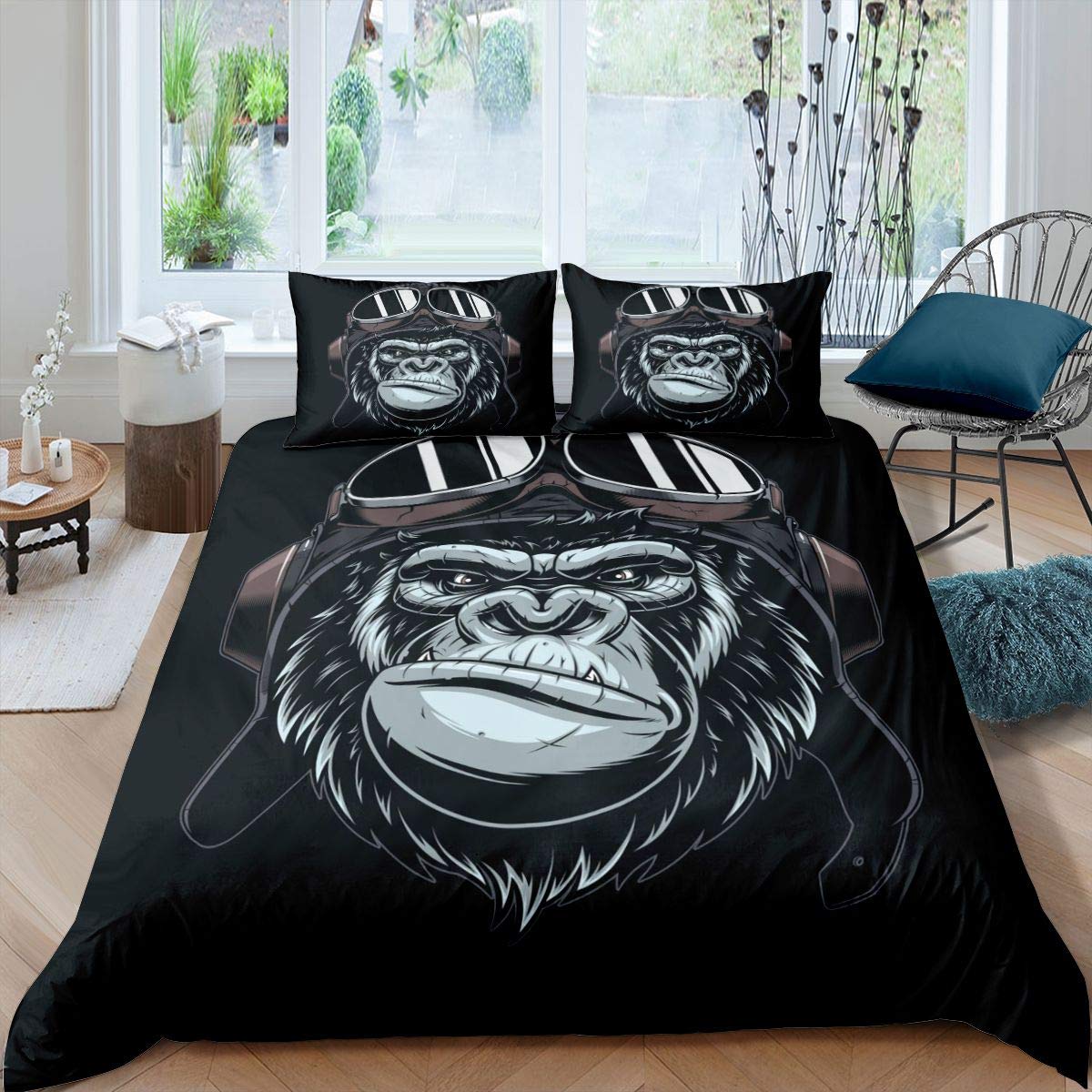 Gorilla Bedding Set Cool Orangutan Duvet Cover for Kids Boys Girls Wild Animal Pattern Comforter Cover Stylish Black Sunglasses Decor Bedspread Bedroom Collection 3Pcs Double — image 1