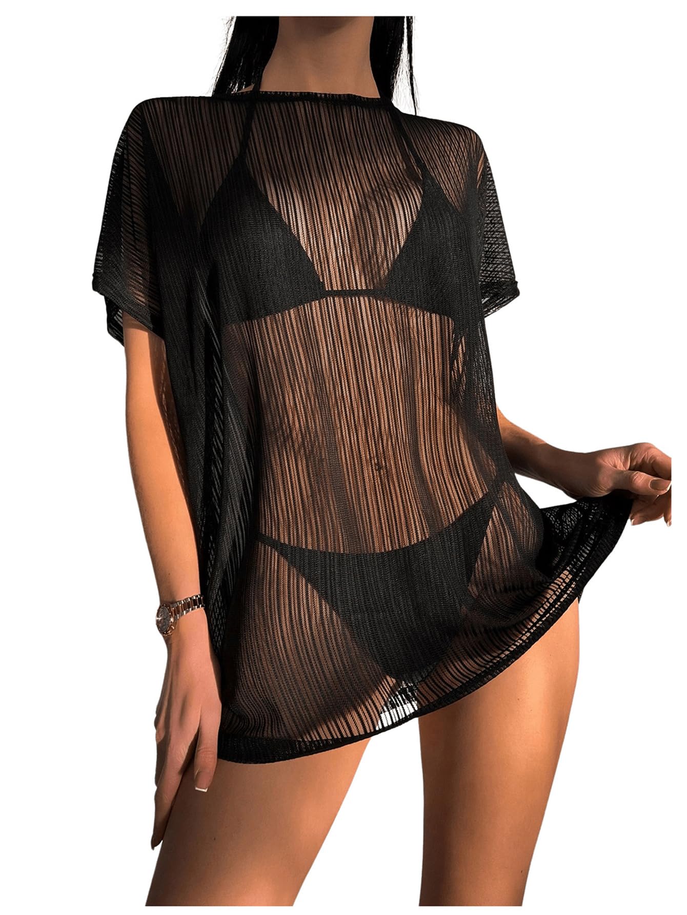 WDIRARA Women's Sheer Mesh Cover Up Swimwear Short Sleeve Bathing Suits