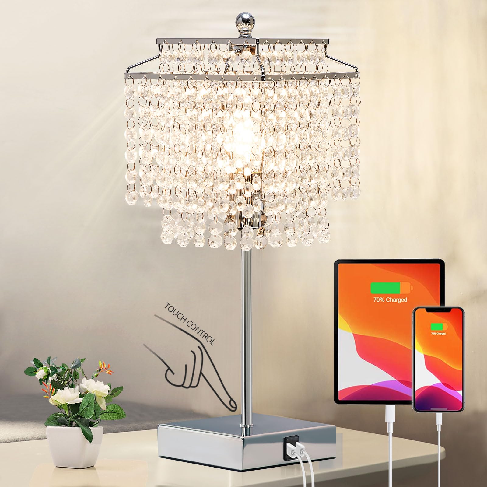 Crystal Diamond Touch Control tafellamp - 3-kleuren veranderende